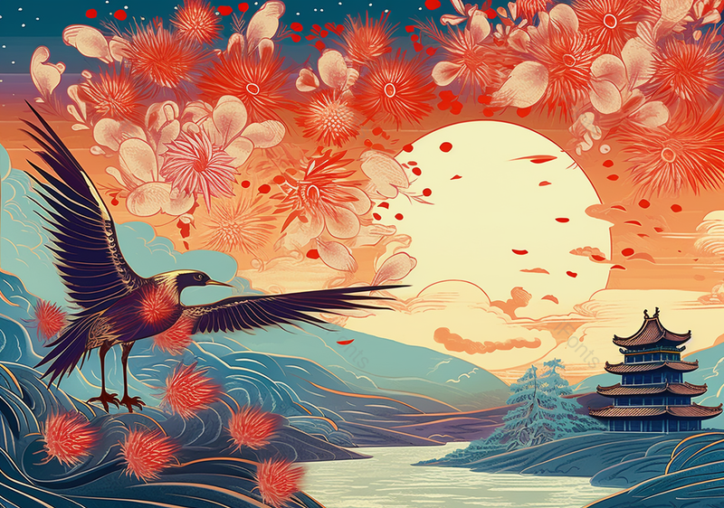 山川河流岸边鸟展翅古建筑国潮节日背景插画,插画/手绘图,插画/手绘图库,插画/手绘图下载,插画/手绘